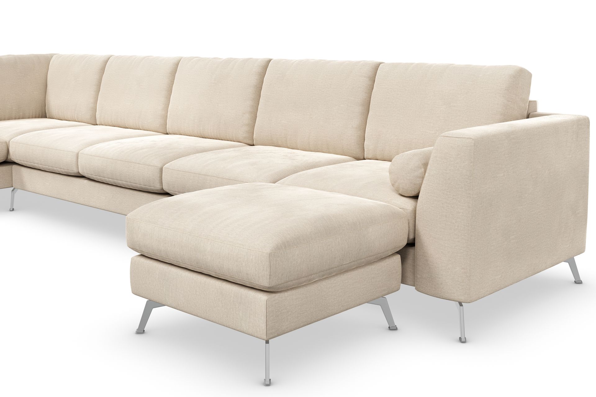 Ocean Lyx 6-seters Venstrevendt U-formet Sofa med Divan og Sjeselong + Fotskammel i Fløyel - Beige - Møbler - Sofaer - Sofa med sjeselong