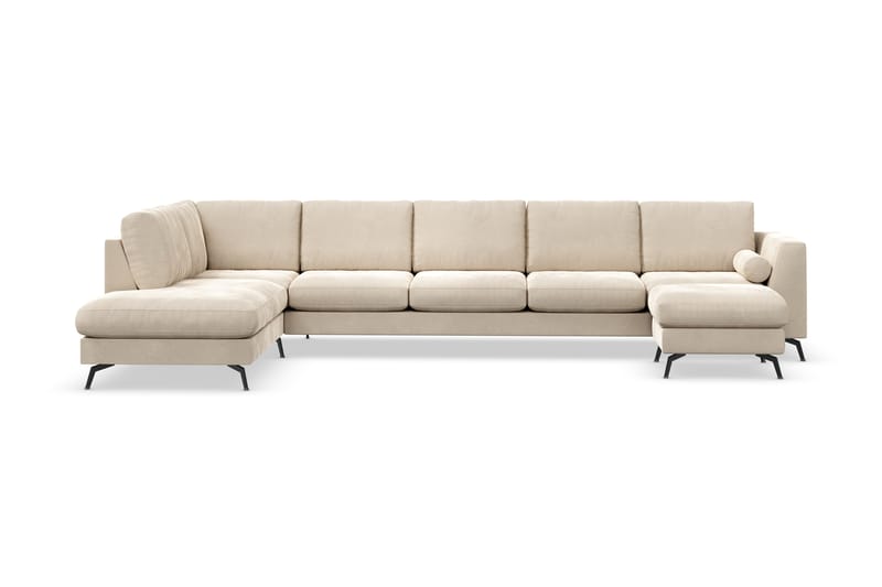 Ocean Lyx 6-seters Venstrevendt U-formet Sofa med Divan og Sjeselong + Fotskammel i Fløyel - Beige - Møbler - Sofaer - Sofa med sjeselong