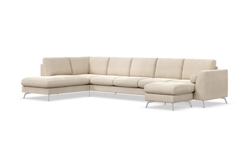 Ocean Lyx 6-seters Venstrevendt U-formet Sofa med Divan og Sjeselong + Fotskammel i Fløyel - Beige - Møbler - Sofaer - Sofa med sjeselong