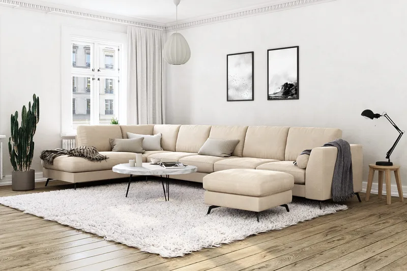 Ocean Lyx 6-seters Venstrevendt U-formet Sofa med Divan og Sjeselong + Fotskammel i Fløyel - Beige - Møbler - Sofaer - Sofa med sjeselong
