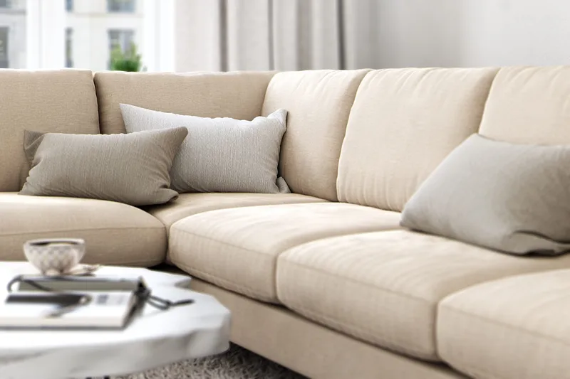 Ocean Lyx 6-seters Venstrevendt U-formet Sofa med Divan og Sjeselong + Fotskammel i Fløyel - Beige - Møbler - Sofaer - Sofa med sjeselong