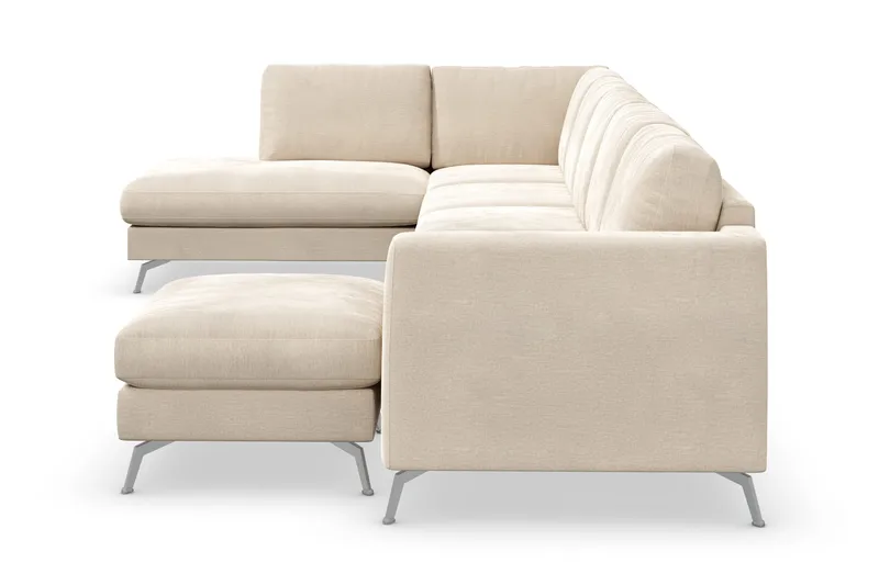 Ocean Lyx 6-seters Venstrevendt U-formet Sofa med Divan og Sjeselong + Fotskammel i Fløyel - Beige - Møbler - Sofaer - Sofa med sjeselong