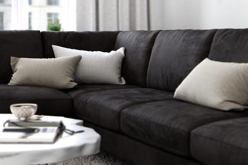 Ocean Lyx 6-seters Venstrevendt U-formet Sofa med Divan og Sjeselong + Fotskammel i Fløyel - Mørk grå - Møbler - Sofaer - Sofa med sjeselong
