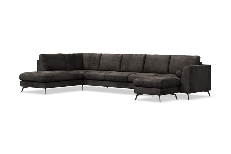Ocean Lyx 6-seters Venstrevendt U-formet Sofa med Divan og Sjeselong + Fotskammel i Fløyel - Mørk grå - Møbler - Sofaer - Sofa med sjeselong