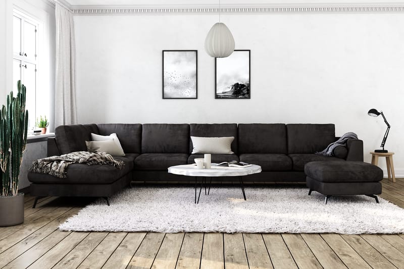 Ocean Lyx 6-seters Venstrevendt U-formet Sofa med Divan og Sjeselong + Fotskammel i Fløyel - Mørk grå - Møbler - Sofaer - Sofa med sjeselong