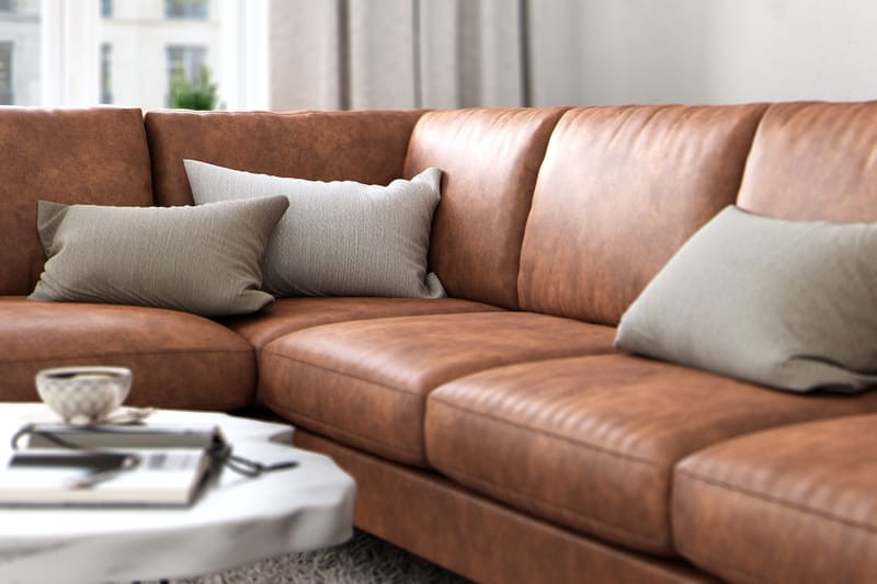 Ocean Lyx 6-seters Venstrevendt U-formet Sofa med Divan og Sjeselong + Fotskammel i Kunstlær - Brun - Møbler - Sofaer - Sofa med sjeselong