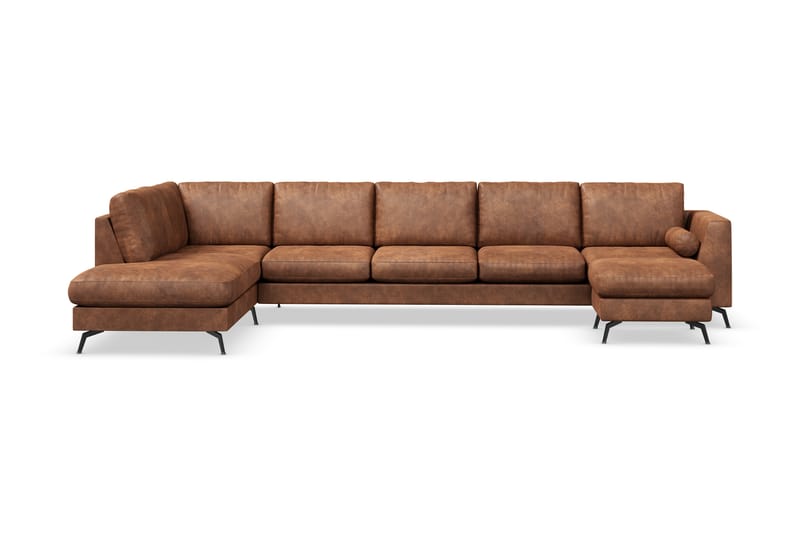 Ocean Lyx 6-seters Venstrevendt U-formet Sofa med Divan og Sjeselong + Fotskammel i Kunstlær - Brun - Møbler - Sofaer - Sofa med sjeselong