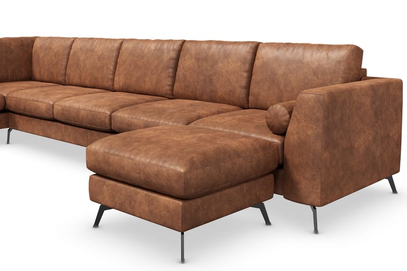 Ocean Lyx 6-seters Venstrevendt U-formet Sofa med Divan og Sjeselong + Fotskammel i Kunstlær - Brun - Møbler - Sofaer - Sofa med sjeselong