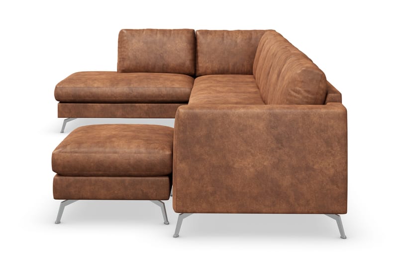 Ocean Lyx 6-seters Venstrevendt U-formet Sofa med Divan og Sjeselong + Fotskammel i Kunstlær - Brun - Møbler - Sofaer - Sofa med sjeselong