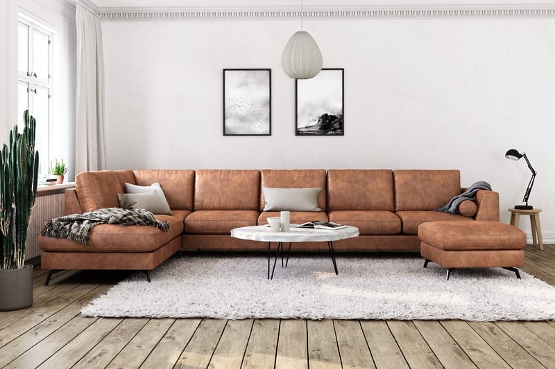 Ocean Lyx 6-seters Venstrevendt U-formet Sofa med Divan og Sjeselong + Fotskammel i Kunstlær - Brun - Møbler - Sofaer - Sofa med sjeselong