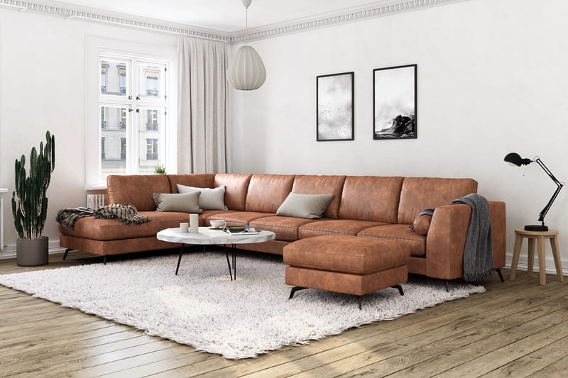 Ocean Lyx 6-seters Venstrevendt U-formet Sofa med Divan og Sjeselong + Fotskammel i Kunstlær - Brun - Møbler - Sofaer - Sofa med sjeselong
