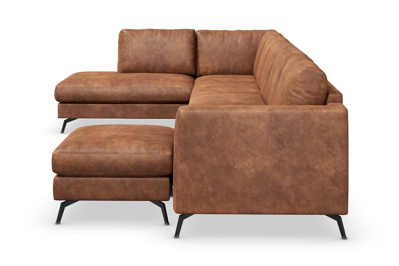 Ocean Lyx 6-seters Venstrevendt U-formet Sofa med Divan og Sjeselong + Fotskammel i Kunstlær - Brun - Møbler - Sofaer - Sofa med sjeselong