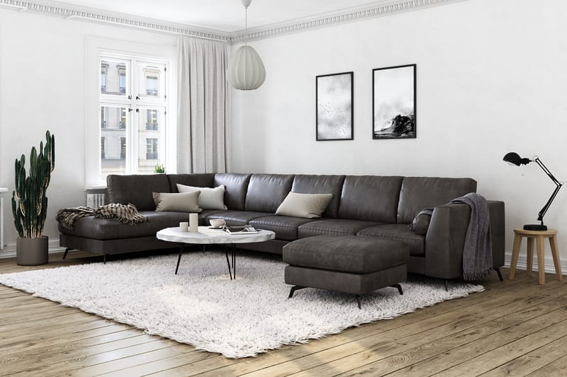 Ocean Lyx 6-seters Venstrevendt U-formet Sofa med Divan og Sjeselong + Fotskammel i Kunstlær - Mørk grå - Møbler - Sofaer - Sofa med sjeselong