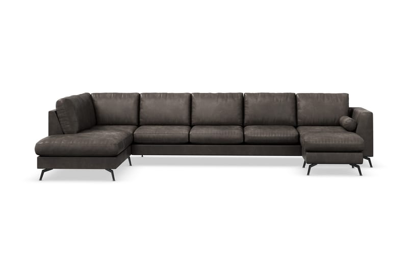 Ocean Lyx 6-seters Venstrevendt U-formet Sofa med Divan og Sjeselong + Fotskammel i Kunstlær - Mørk grå - Møbler - Sofaer - Sofa med sjeselong