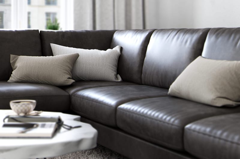 Ocean Lyx 6-seters Venstrevendt U-formet Sofa med Divan og Sjeselong + Fotskammel i Kunstlær - Mørk grå - Møbler - Sofaer - Sofa med sjeselong