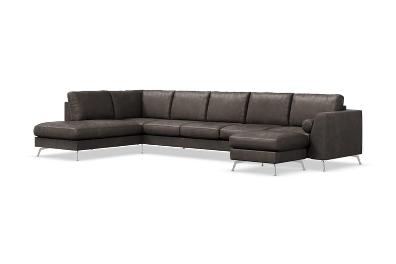 Ocean Lyx 6-seters Venstrevendt U-formet Sofa med Divan og Sjeselong + Fotskammel i Kunstlær - Mørk grå - Møbler - Sofaer - Sofa med sjeselong