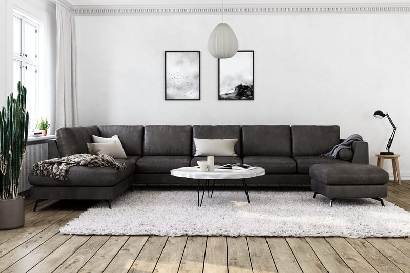 Ocean Lyx 6-seters Venstrevendt U-formet Sofa med Divan og Sjeselong + Fotskammel i Kunstlær - Mørk grå - Møbler - Sofaer - Sofa med sjeselong