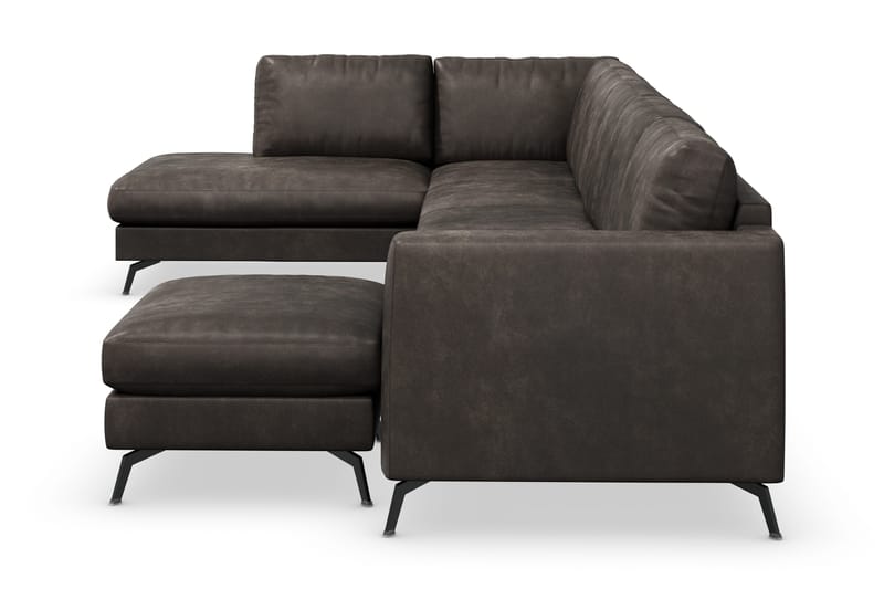 Ocean Lyx 6-seters Venstrevendt U-formet Sofa med Divan og Sjeselong + Fotskammel i Kunstlær - Mørk grå - Møbler - Sofaer - Sofa med sjeselong