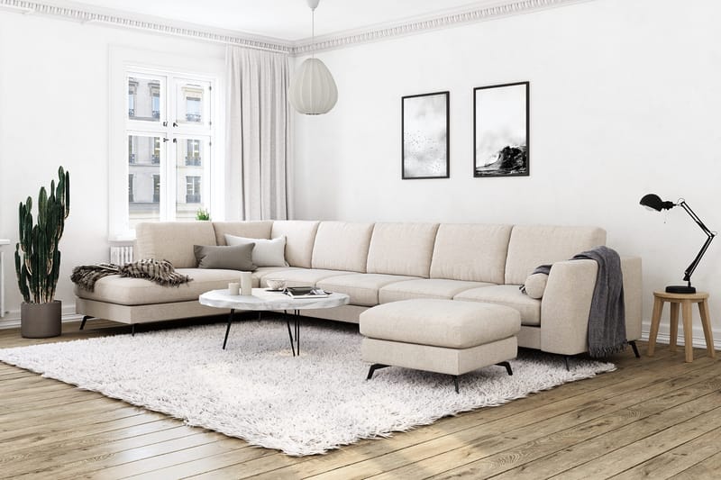 Ocean Lyx 6-seters Venstrevendt U-formet Sofa med Divan og Sjeselong + Fotskammel i Stoff - Beige - Møbler - Sofaer - Sofa med sjeselong