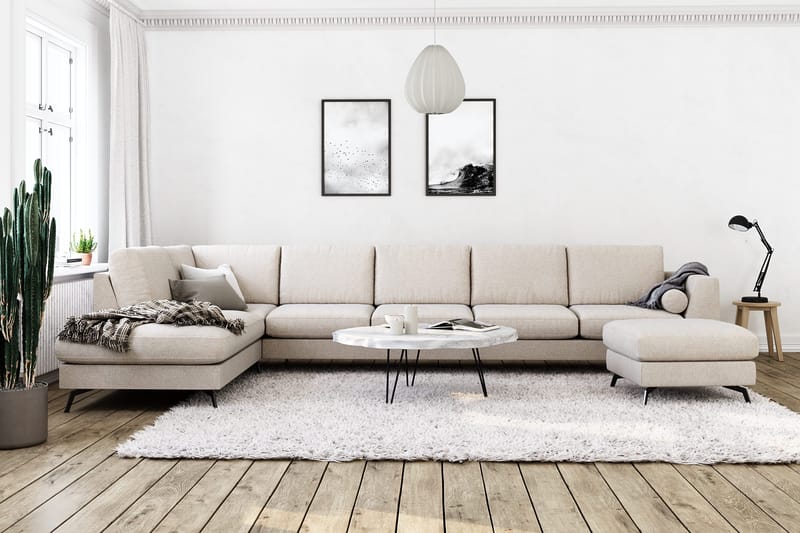Ocean Lyx 6-seters Venstrevendt U-formet Sofa med Divan og Sjeselong + Fotskammel i Stoff - Beige - Møbler - Sofaer - Sofa med sjeselong