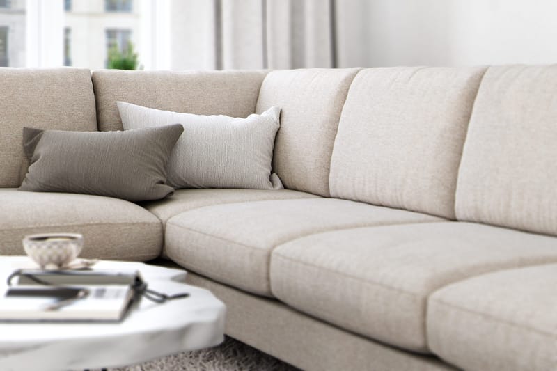 Ocean Lyx 6-seters Venstrevendt U-formet Sofa med Divan og Sjeselong + Fotskammel i Stoff - Beige - Møbler - Sofaer - Sofa med sjeselong