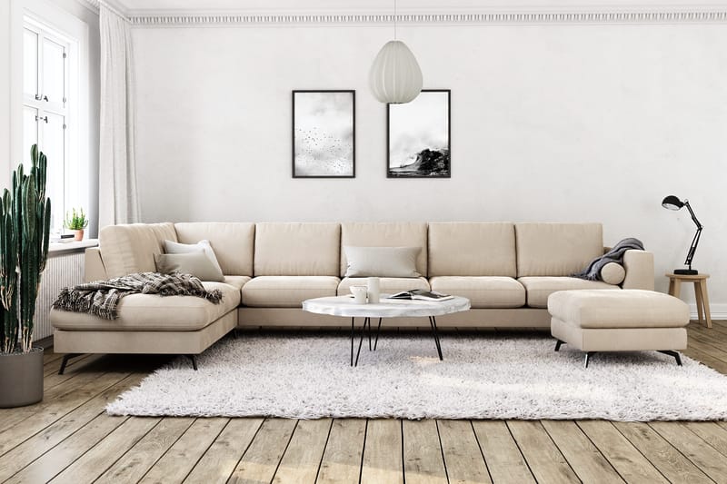 Ocean Lyx 6-seters Venstrevendt U-formet Sofa med Divan og Sjeselong + Fotskammel i Fløyel - Beige - Møbler - Sofaer - U-sofa