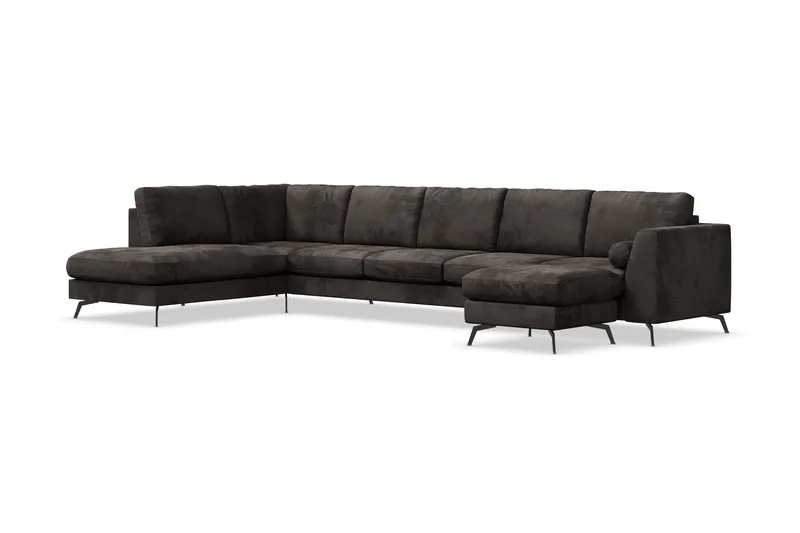 Ocean Lyx 6-seters Venstrevendt U-formet Sofa med Divan og Sjeselong + Fotskammel i Fløyel - Mørk grå - Møbler - Sofaer - U-sofa