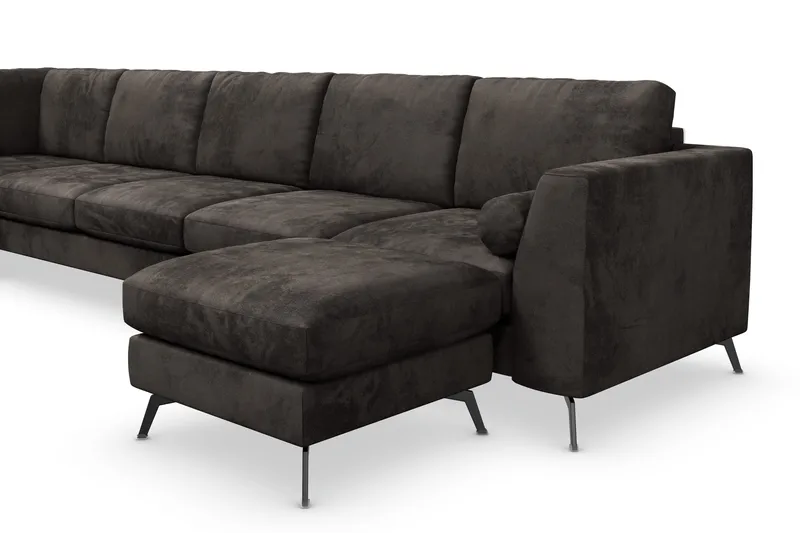 Ocean Lyx 6-seters Venstrevendt U-formet Sofa med Divan og Sjeselong + Fotskammel i Fløyel - Mørk grå - Møbler - Sofaer - U-sofa