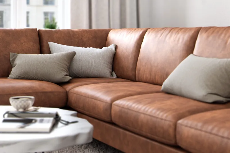 Ocean Lyx 6-seters Venstrevendt U-formet Sofa med Divan og Sjeselong + Fotskammel i Kunstlær - Brun - Møbler - Sofaer - Sofa med sjeselong