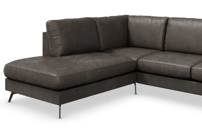 Ocean Lyx 6-seters Venstrevendt U-formet Sofa med Divan og Sjeselong + Fotskammel i Kunstlær - Mørk grå - Møbler - Sofaer - U-sofa