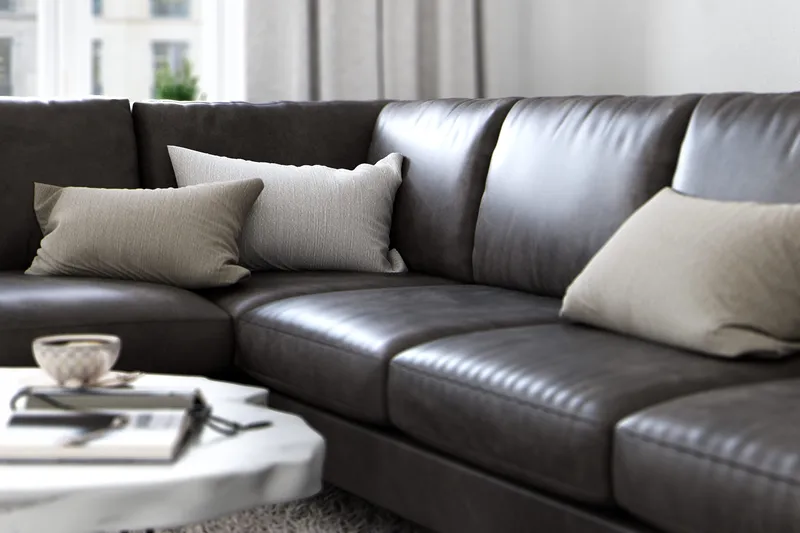 Ocean Lyx 6-seters Venstrevendt U-formet Sofa med Divan og Sjeselong + Fotskammel i Kunstlær - Mørk grå - Møbler - Sofaer - Sofa med sjeselong