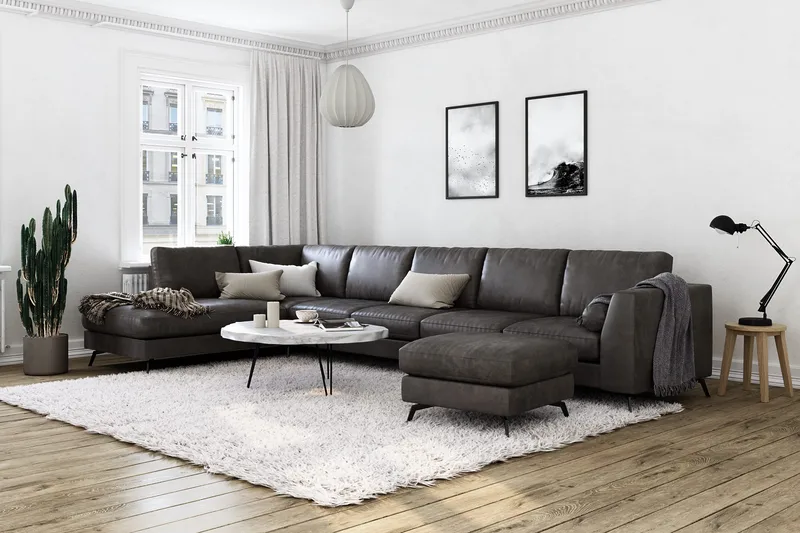 Ocean Lyx 6-seters Venstrevendt U-formet Sofa med Divan og Sjeselong + Fotskammel i Kunstlær - Mørk grå - Møbler - Sofaer - Sofa med sjeselong