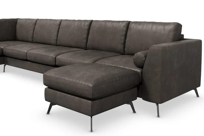 Ocean Lyx 6-seters Venstrevendt U-formet Sofa med Divan og Sjeselong + Fotskammel i Kunstlær - Mørk grå - Møbler - Sofaer - U-sofa