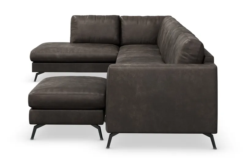 Ocean Lyx 6-seters Venstrevendt U-formet Sofa med Divan og Sjeselong + Fotskammel i Kunstlær - Mørk grå - Møbler - Sofaer - U-sofa