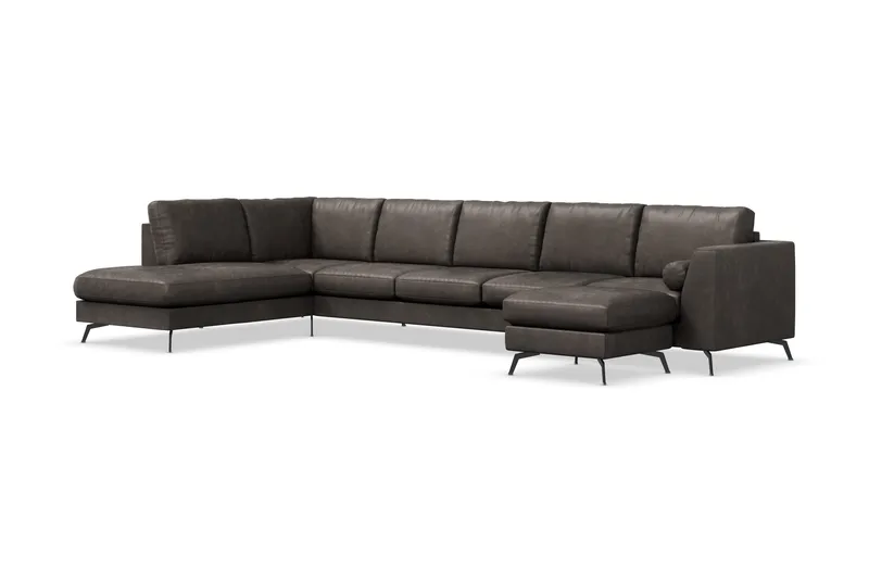 Ocean Lyx 6-seters Venstrevendt U-formet Sofa med Divan og Sjeselong + Fotskammel i Kunstlær - Mørk grå - Møbler - Sofaer - U-sofa