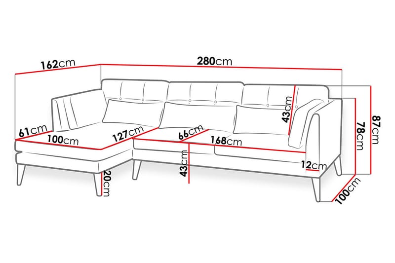 Pacyfic Divansofa 280x162x100 cm - Sofa med sjeselong - 4 seters sofa med divan