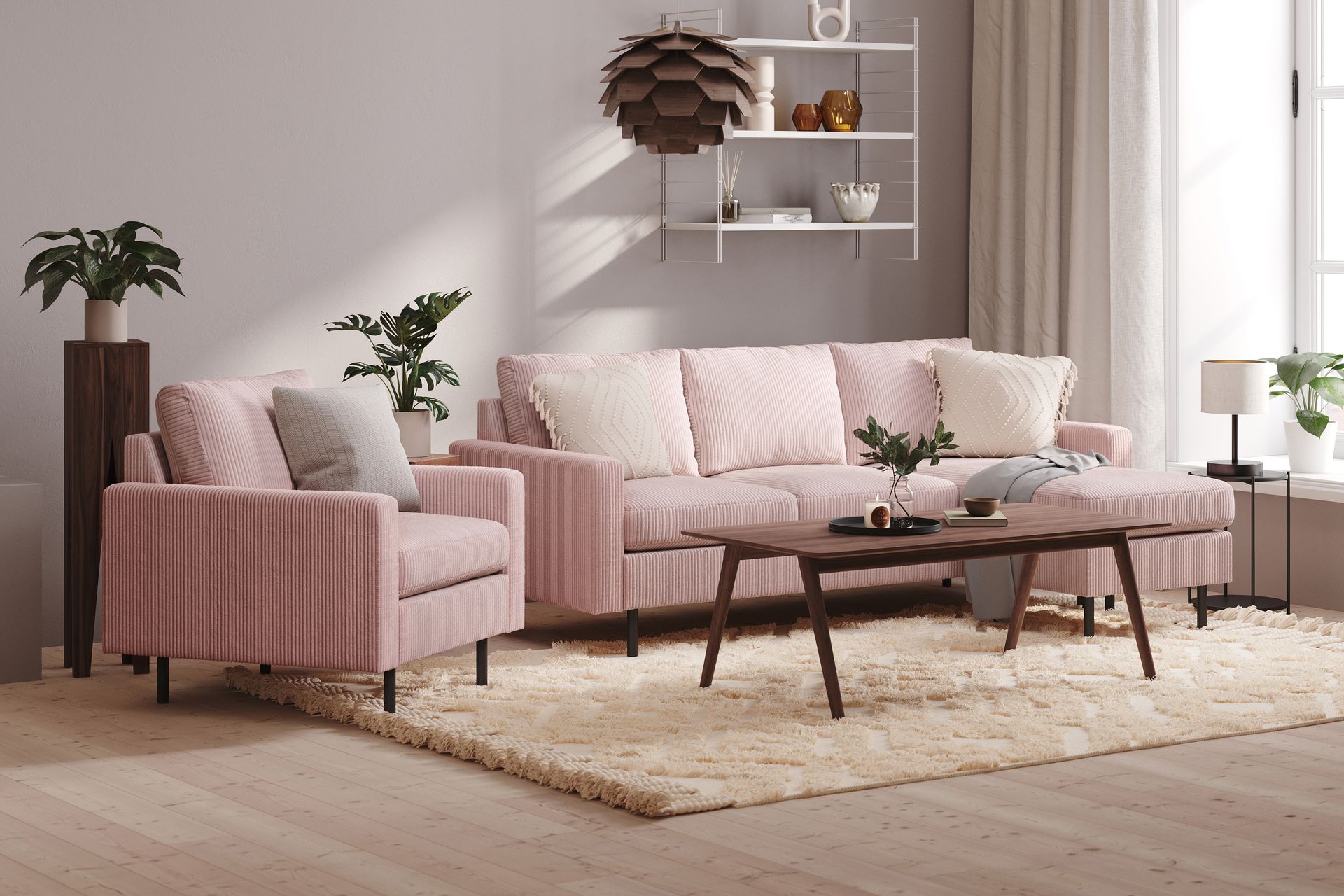 Peppe 3-seters Vendbar L-formet Divansofa i Manchester - Rosa - Møbler - Sofaer - Sofa med sjeselong