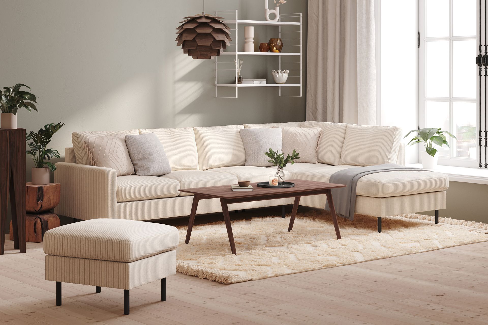 Peppe 4-seters Høyrevendt L-formet Sjeselongsofa i Manchester - Beige - Møbler - Sofaer - Sofa med sjeselong