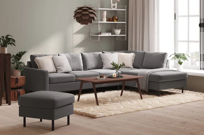 Peppe 4-seters Høyrevendt L-formet Sjeselongsofa i Stoff - Lys grå - Møbler - Sofaer - Sofa med sjeselong