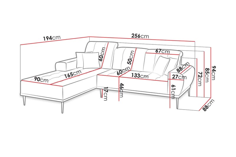 Rapale 3-seters Sofa med Divan Venstre med Puter - Fløyel/Gul - Møbler - Sofaer - Sofa med sjeselong