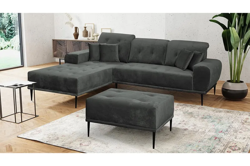 Rapale Sofagruppe Venstre med Fotskammel - Fløyel/Lysegrå/Svart - Møbler - Sofaer - Sofa med sjeselong