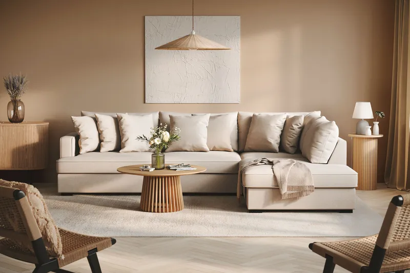 Rossita 4-seters Høyrevendt L-formet Dyp Sjeselongsofa i Bouclé - Beige - Møbler - Sofaer - Sofa med sjeselong