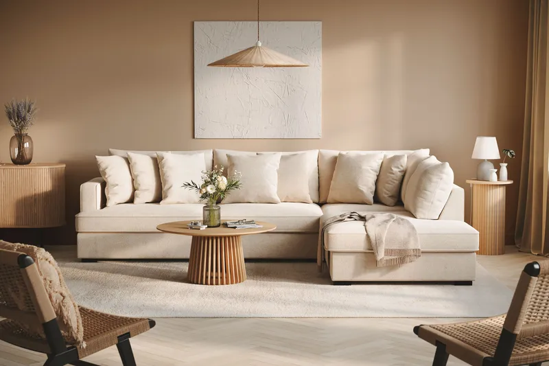 Rossita 4-seters Høyrevendt L-formet Dyp Sjeselongsofa i Chenille - Beige - Møbler - Sofaer - Sofa med sjeselong