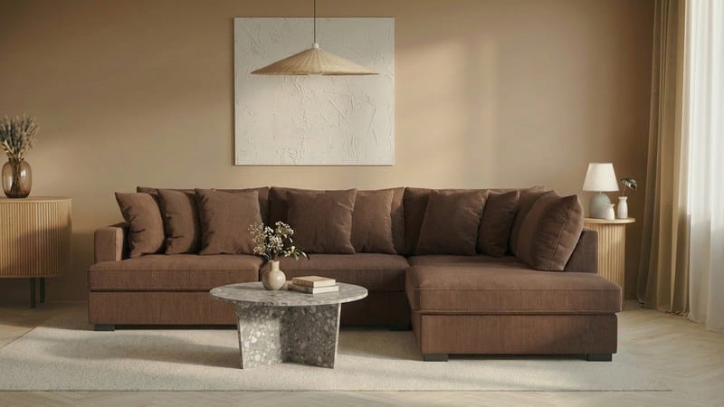 Rossita 4-seters Høyrevendt L-formet Dyp Sjeselongsofa i Kordfløyel - Brun - Møbler - Sofaer - Sofa med sjeselong