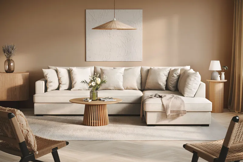 Rossita 4-seters Høyrevendt L-formet Dyp Sjeselongsofa i Stoff - Beige - Møbler - Sofaer - Sofa med sjeselong