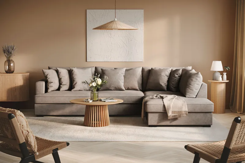 Rossita 4-seters Høyrevendt L-formet Dyp Sjeselongsofa i Stoff - Brun - Møbler - Sofaer - Sofa med sjeselong