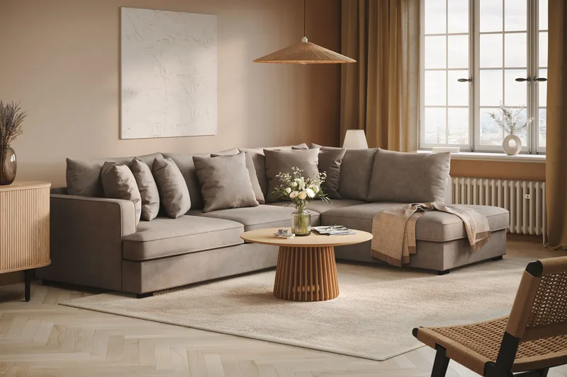 Rossita 4-seters Høyrevendt L-formet Dyp Sjeselongsofa i Stoff - Brun - Møbler - Sofaer - Sofa med sjeselong