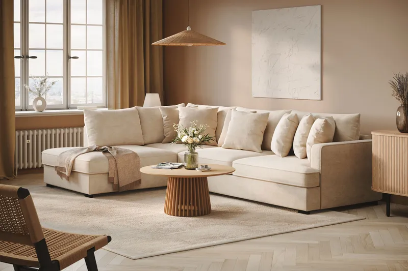 Rossita 4-seters Venstrevendt L-formet Dyp Sjeselongsofa i Chenille - Trenza 06, Beige Chenille - Møbler - Sofaer - Sofa med sjeselong