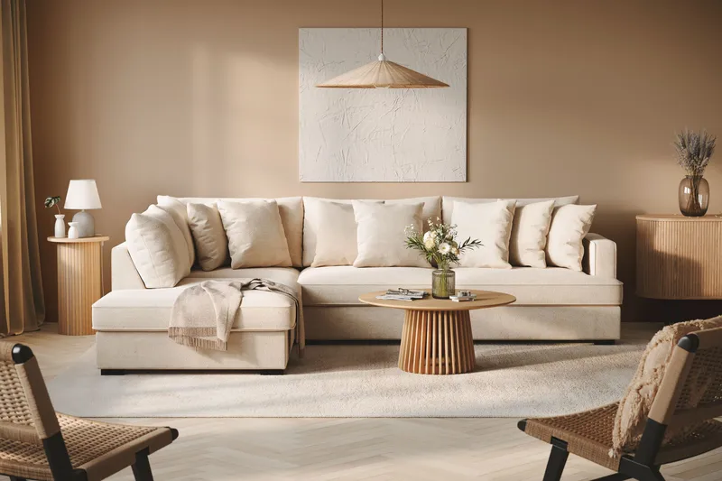 Rossita 4-seters Venstrevendt L-formet Dyp Sjeselongsofa i Chenille - Trenza 06, Beige Chenille - Møbler - Sofaer - Sofa med sjeselong