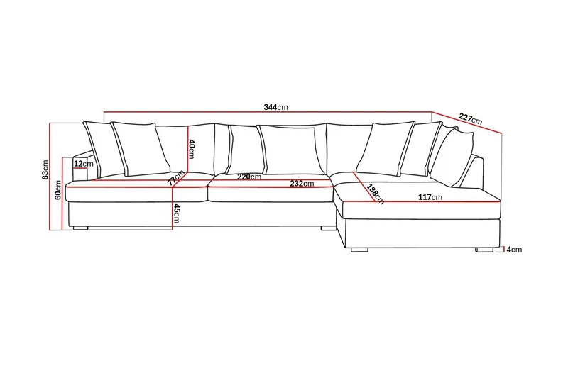 Rossita Lyx 4-seter Ekstra dyp Sofa med Sjeselong Høyre - Lysegrå Chenille - Møbler - Sofaer - Sofa med sjeselong